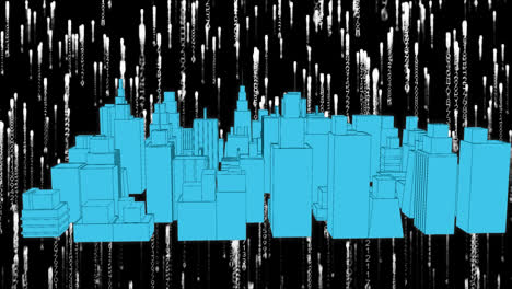 animation of 3d cityscape spinning over light trials on black background