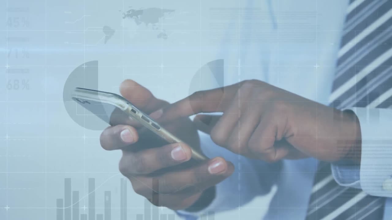animazione dell'elaborazione dei dati statistici su una sezione centrale di un uomo d'affari che utilizza uno smartphone
