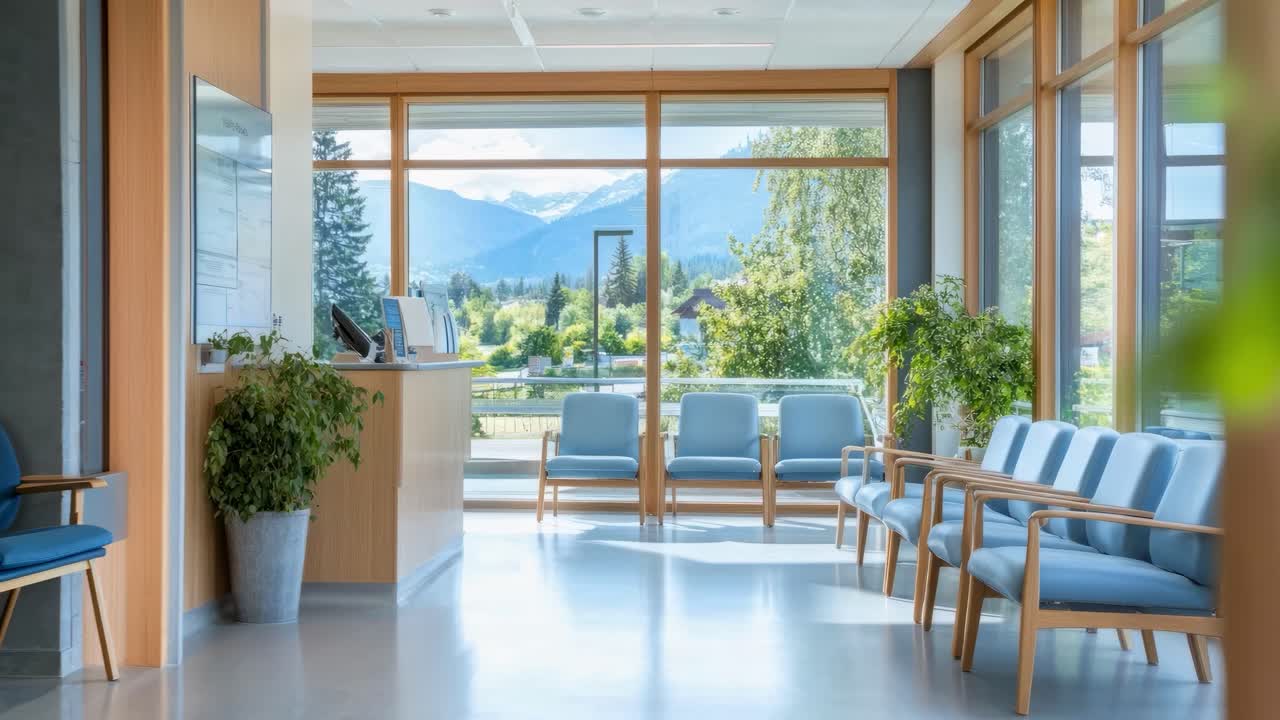 Ripresa video grandangolare di una moderna sala d'attesa con grandi finestre, luce naturale e sedie blu.