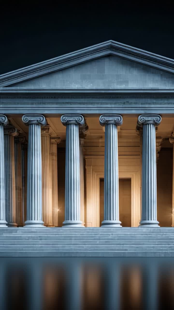 Vista architettonica spettacolare di un maestoso edificio con grandi colonne illuminate di notte, che enfatizza il design classico e l'eleganza senza tempo in una scena accattivante