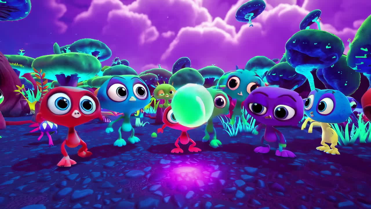 A group of colorful cartoon alien creatures in a glowing fantasy world