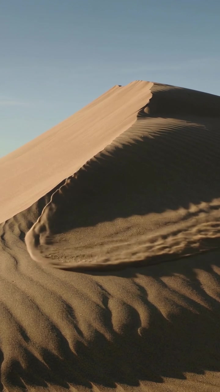 Video verticale: Sabbia di duna in movimento che cade dalla cresta lungo la superficie nel deserto, formando increspature e granelli