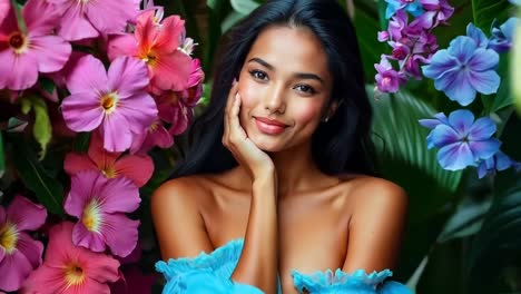 a woman in a blue dress surrounded by flowers