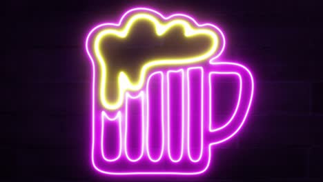 a neon sign of a large pink and purple beer mug with overflowing yellow foam, flickering against a dark brick wall