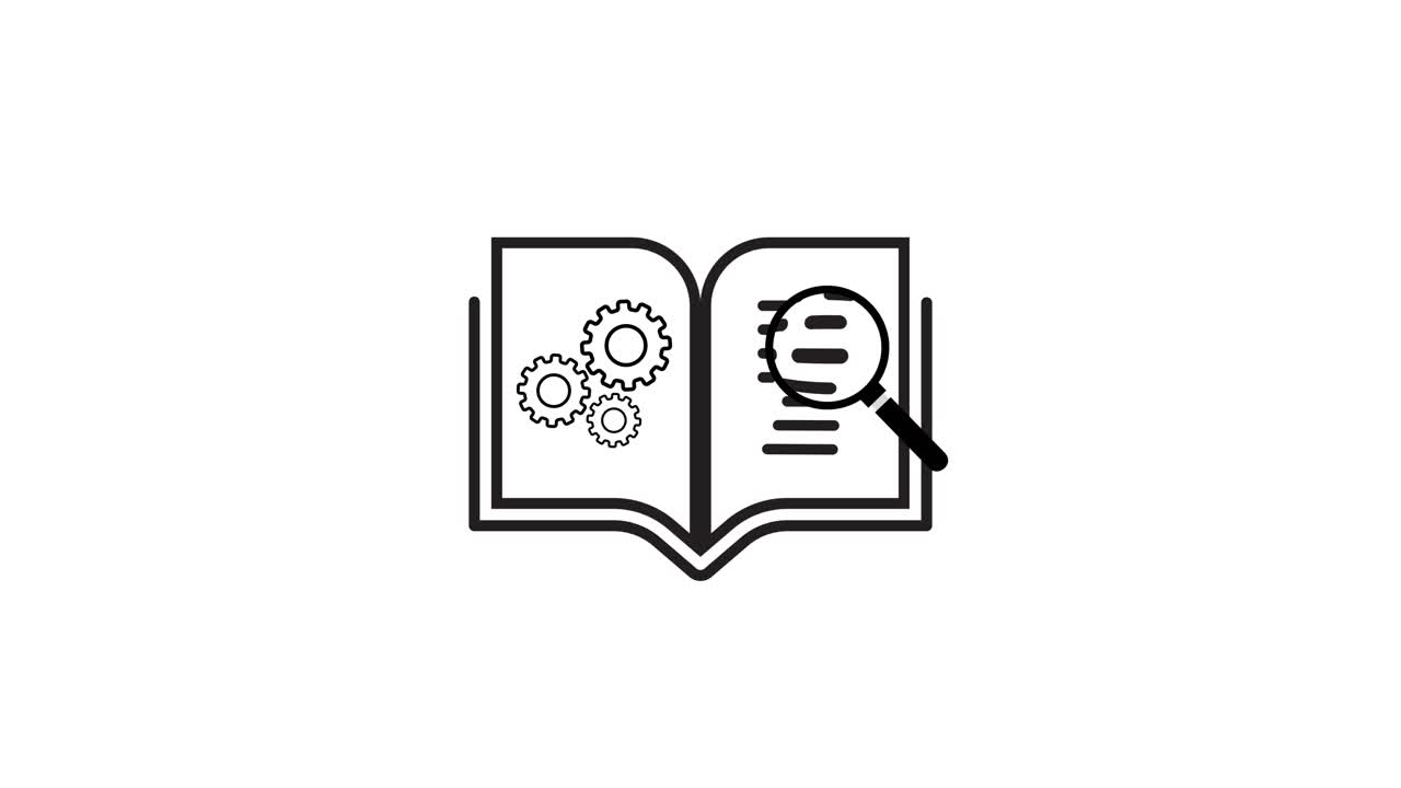 Open book with technical search tools and storytelling animation isolated on white background