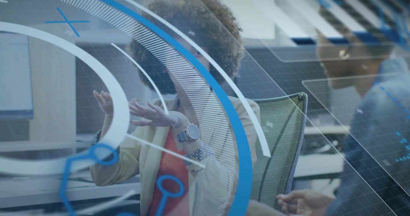 Business consultant raising hands and explaining data while controlling hologram for insights