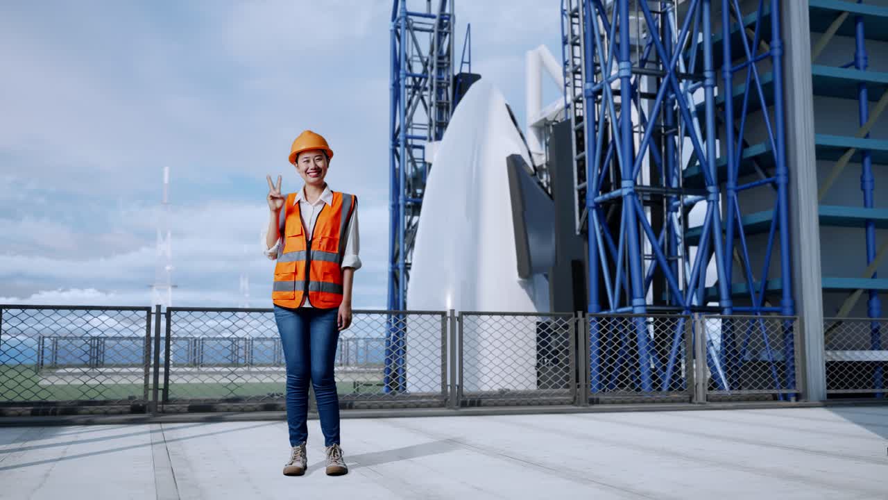 женщина-инженер позирует перед ракетой