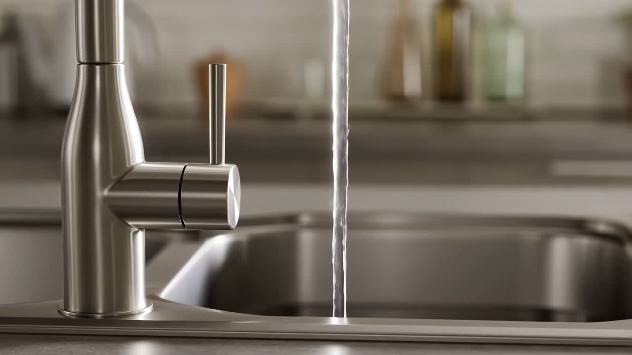 Grifo de cocina moderno con agua corriendo en fregadero de acero inoxidable