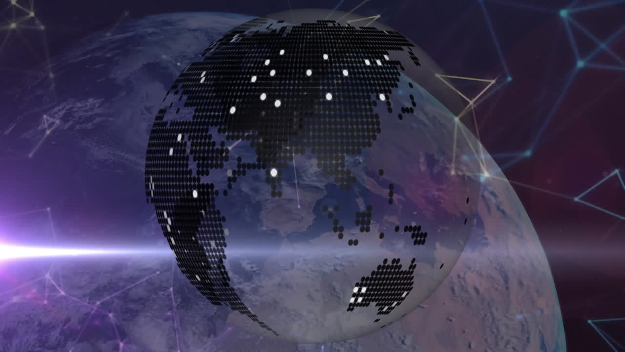 Animation of digital globe with glowing points turning over network of connections and planet