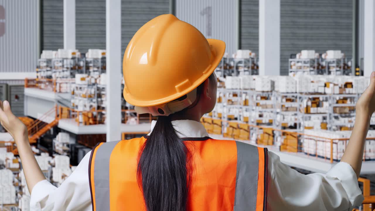 배달 물품으로 가득 찬 선반과 함께 창고에 서있는 동안 안전 헬을 착용한 아시아 여성 엔지니어의 근접 후면 시각