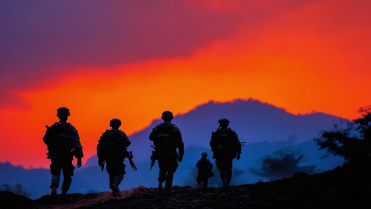 Een groep soldaten marcheert, als silhouet afgetekend tegen een dramatische zonsondergang, en symboliseert moed en plicht in een verbindend moment van kameraadschap en reflectie