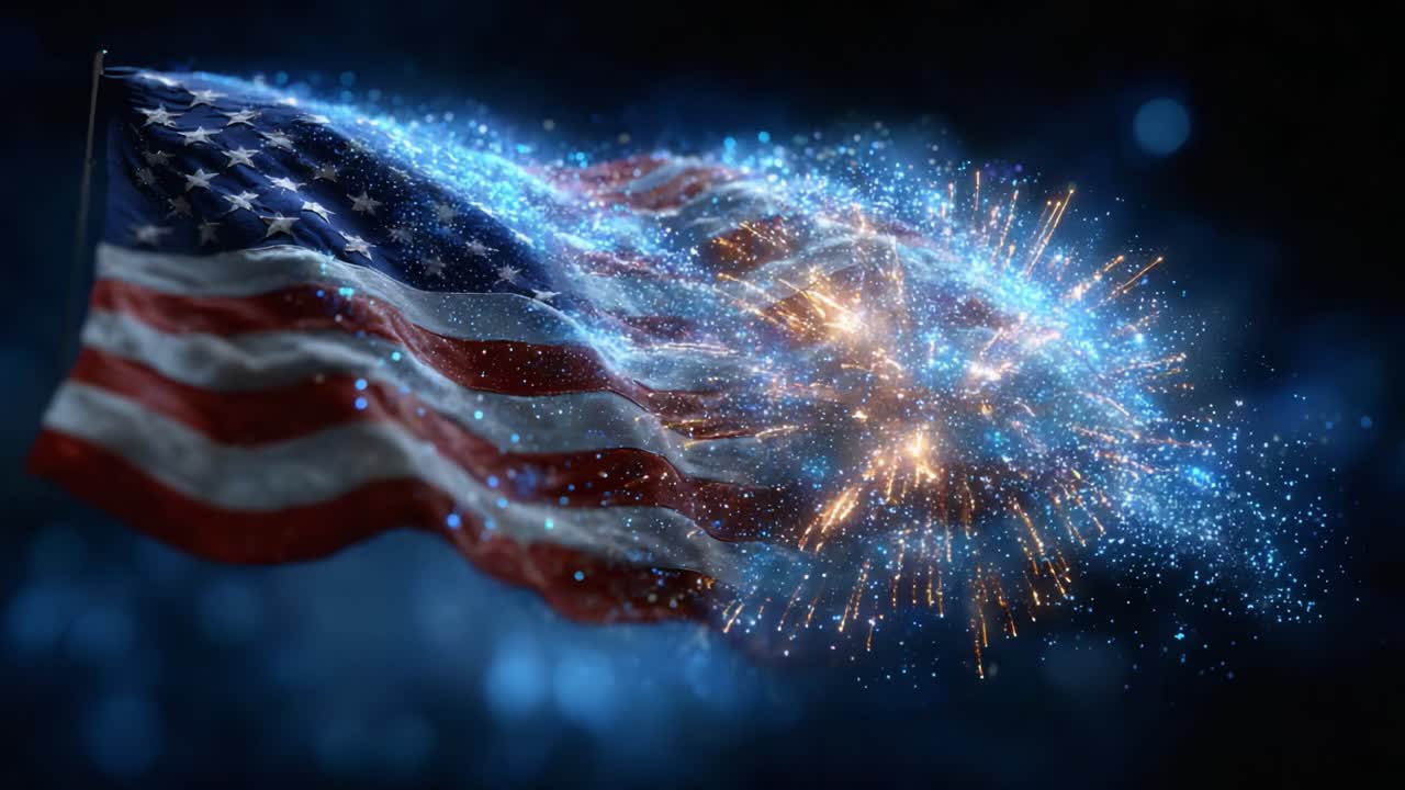 A Dramatic Sequence Featuring an American Flag Majestically Waving Amidst a Show of Sparkling Colors and Explosive Visuals, Capturing a Moment of Patriotism and Celebration