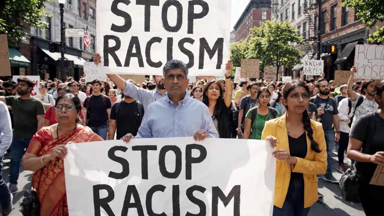 Eşitsizliğe karşı güçlü bir gösteri: Canlı bir şehir ortamında ırkçılığa son verilmesini talep eden pankartlarla birlikte yürüyen protestocular.