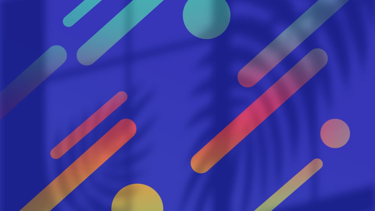 animación digital de formas abstractas coloridas contra hojas efecto de sombra en fondo azul