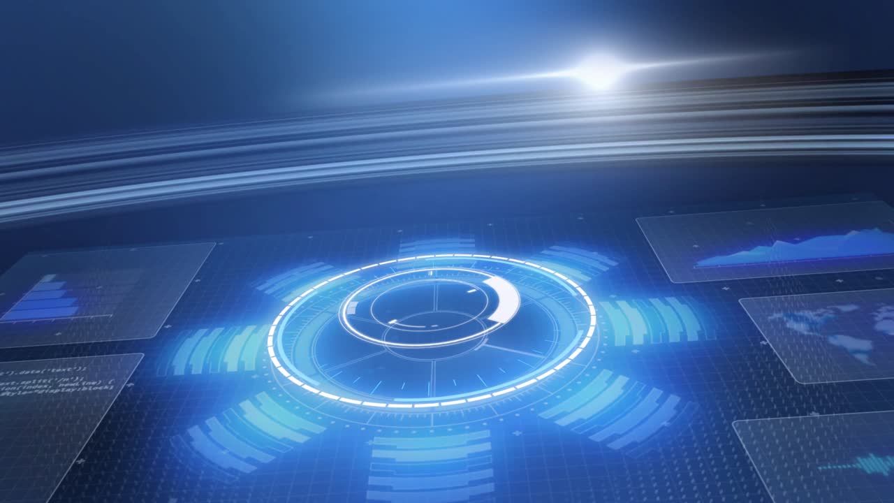 파란색 배경의 화면에서 범위 스캐닝과 데이터 처리의 애니메이션