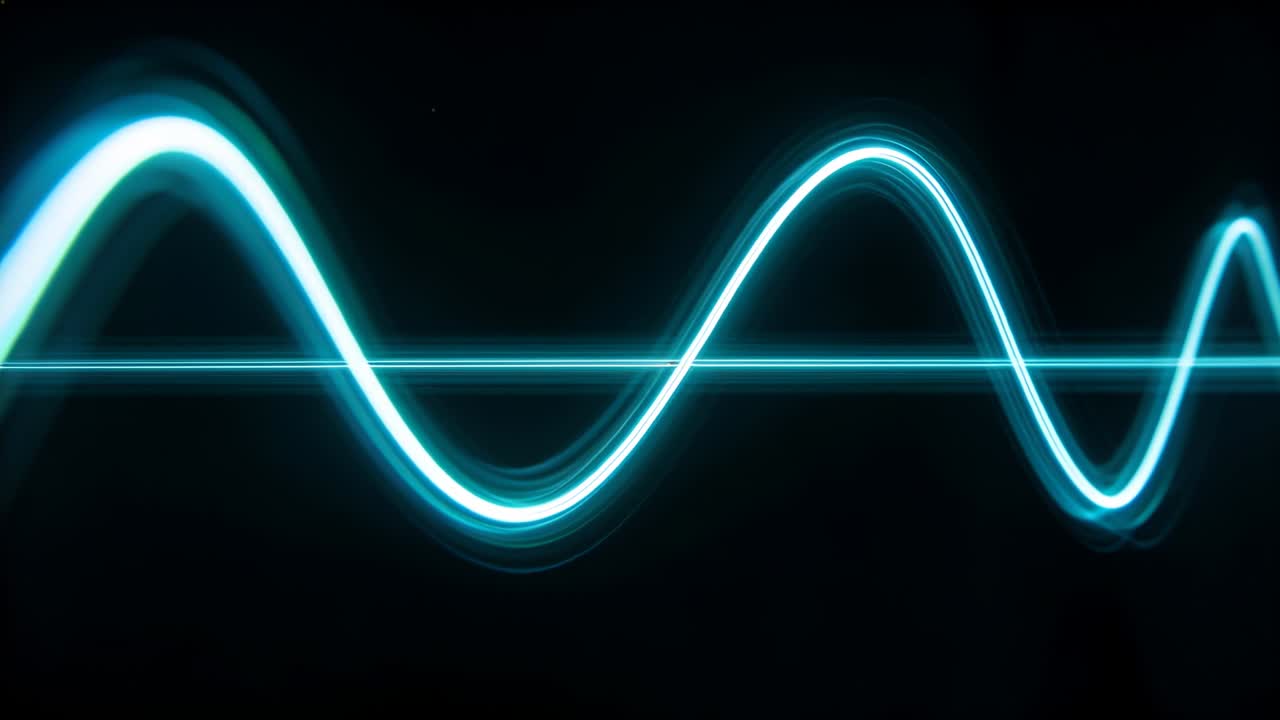 Oscilloscope receiving audio input animating glowing cyan waveform on fixed baseline showing signal