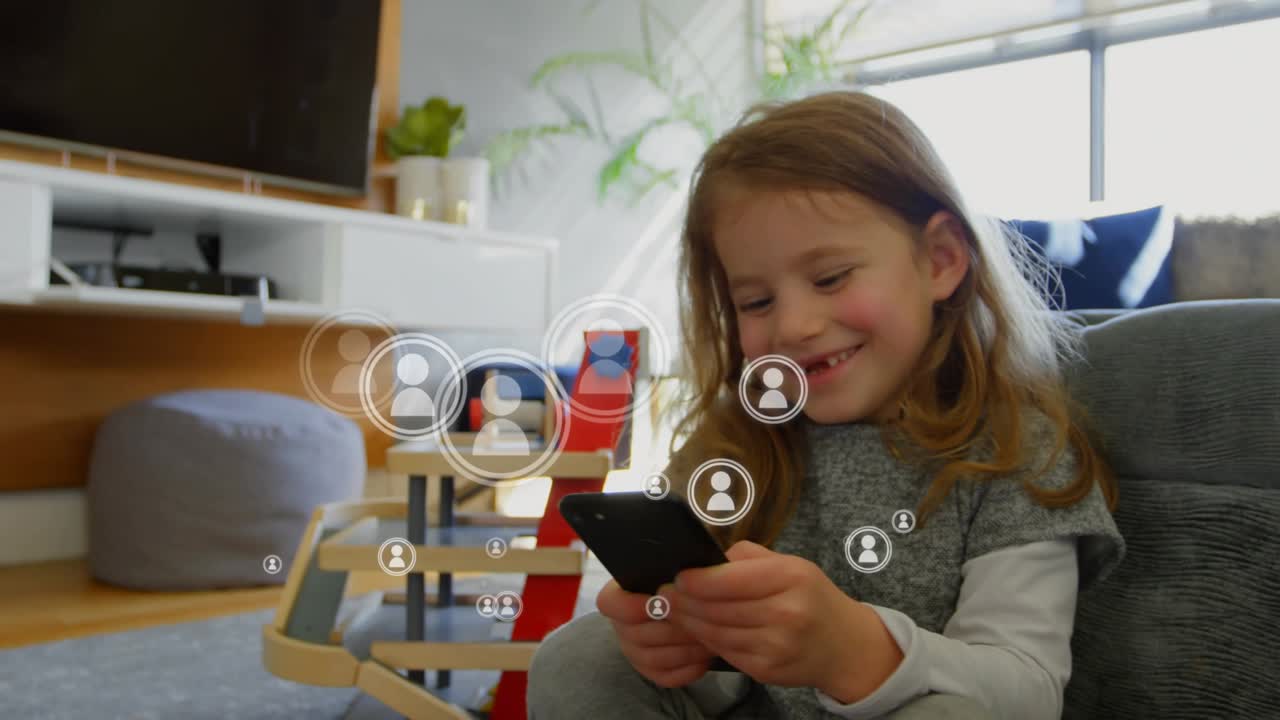 Girl tapping smartphone screen causing social media avatars growing and swirling for network growth