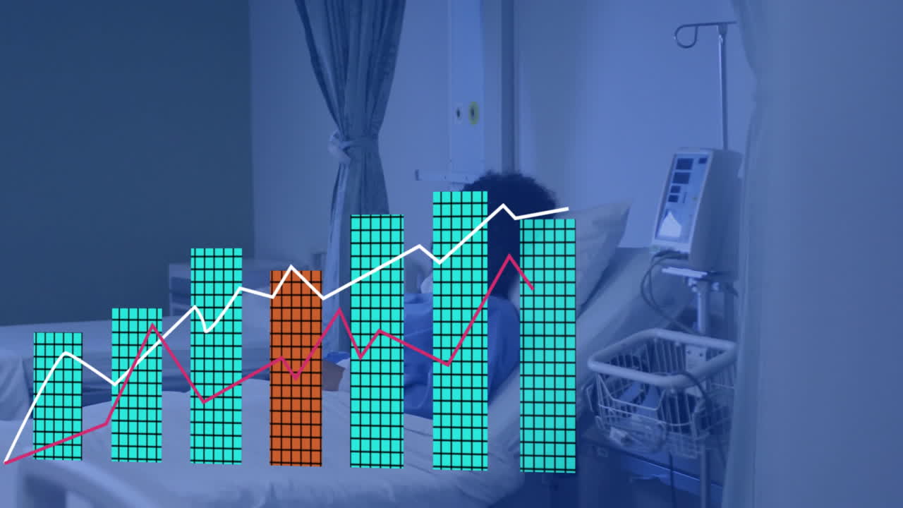 female patient lying in hospital bed, raising arm, showing health bar chart on monitor, IV stand