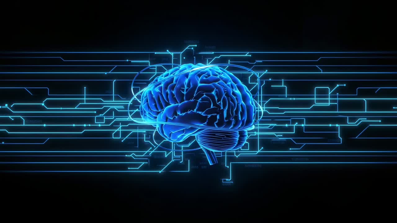 Upon appearing glowing 3D brain rotating in digital space, pulsing circuits orbiting rings looping