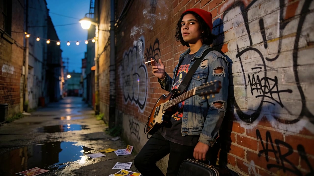 Musicista appoggiato con berretto rosso che fuma una sigaretta con chitarra e custodia in un vicolo con graffiti, spazio copia