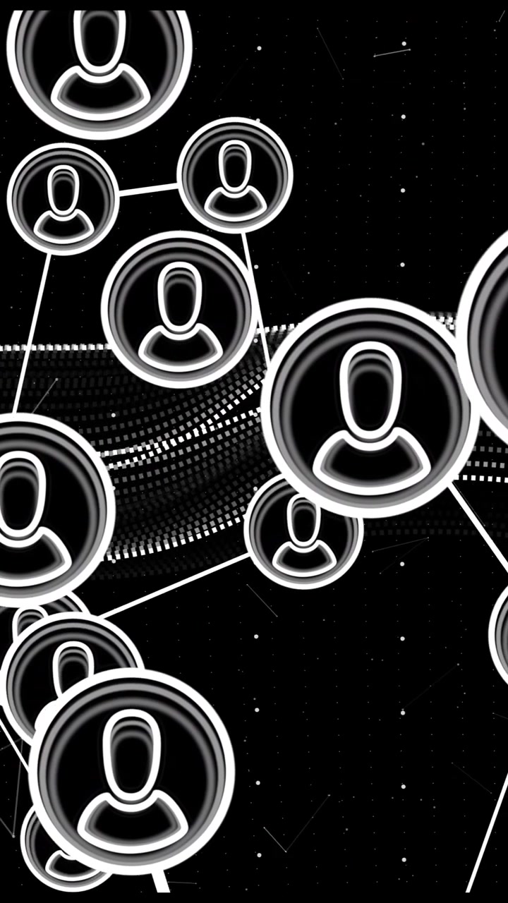 Animation af forbundne brugerikoner over en baggrund med digital datavisualisering.