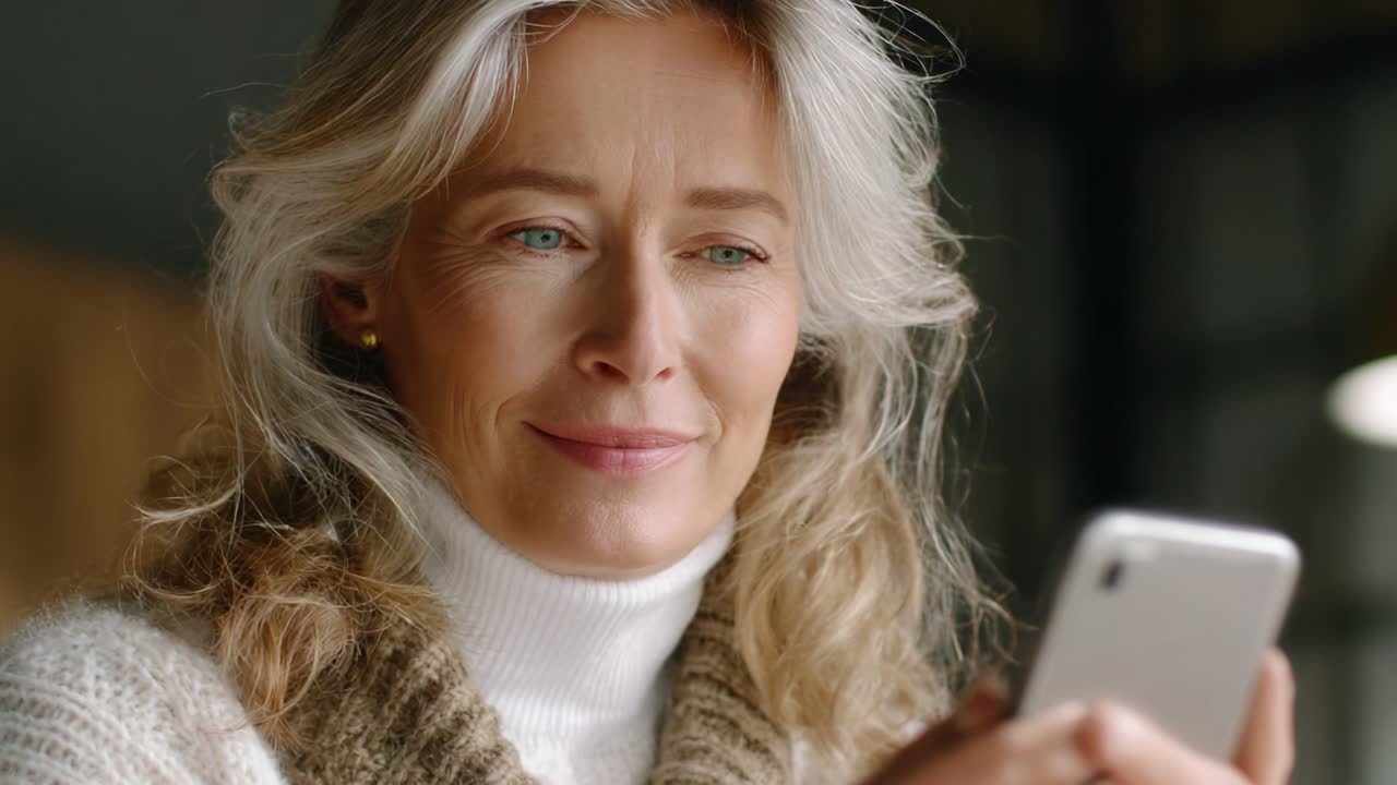 A Thoughtful Woman Engaged with Her Smartphone, Expressing Curiosity and Connection in a Cozy Indoor Setting