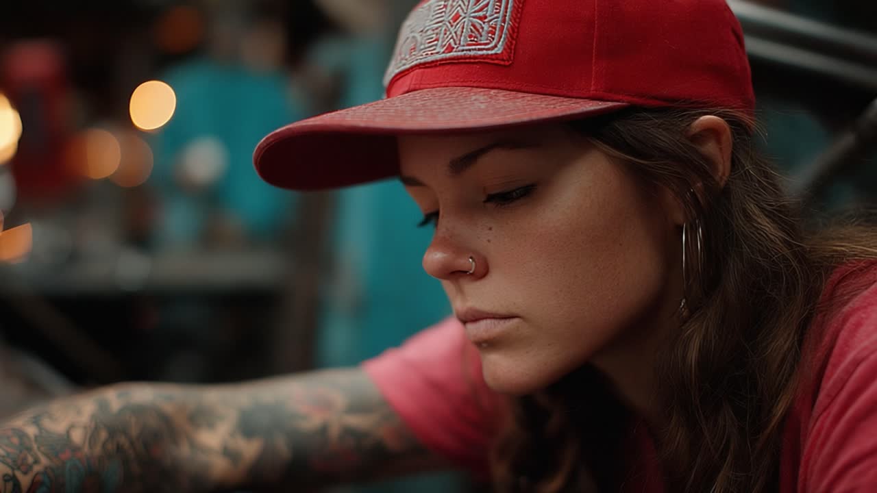 Focused Artisan in a Workshop: Capturing the Intensity and Creativity of a Young Woman with Tattoos Working Diligently in an Engaging Environment