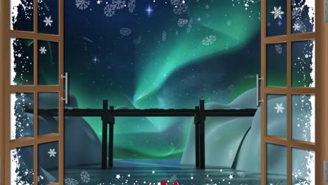 Animation-Der-Weihnachtlichen-Winterlandschaft-Und-Des-Fallenden-Schnees,-Gesehen-Durch-Das-Fenster