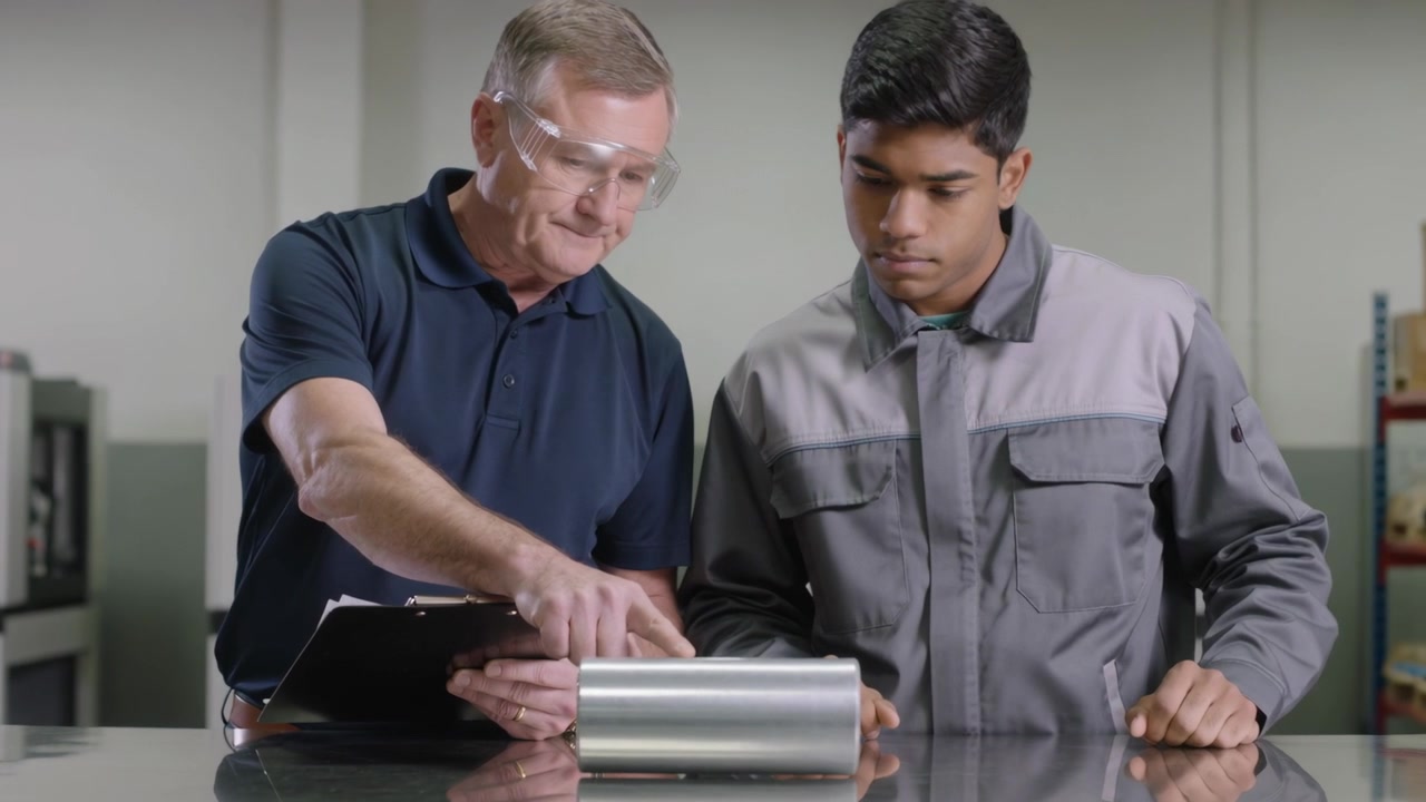 Pointing instructor teaching trainee in grey jacket per clipboard note workshop inspecting cylinder