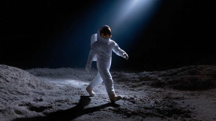 An astronaut explores a barren lunar landscape under a dramatic beam of light, showcasing the isolation and mystery of space exploration amidst lunar dust