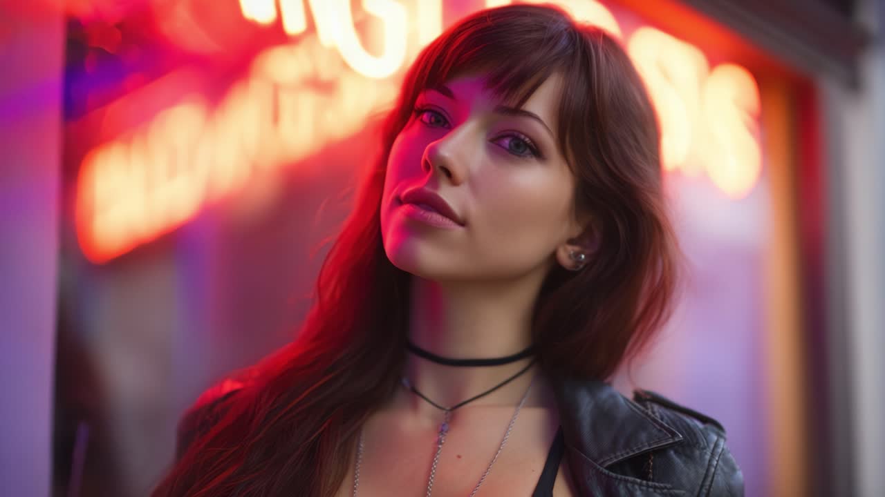 Una giovane donna elegante posa con sicurezza davanti a un'insegna al neon, emanando fascino e carattere, mettendo in mostra il suo look alla moda e la sua espressione unica in un contesto urbano