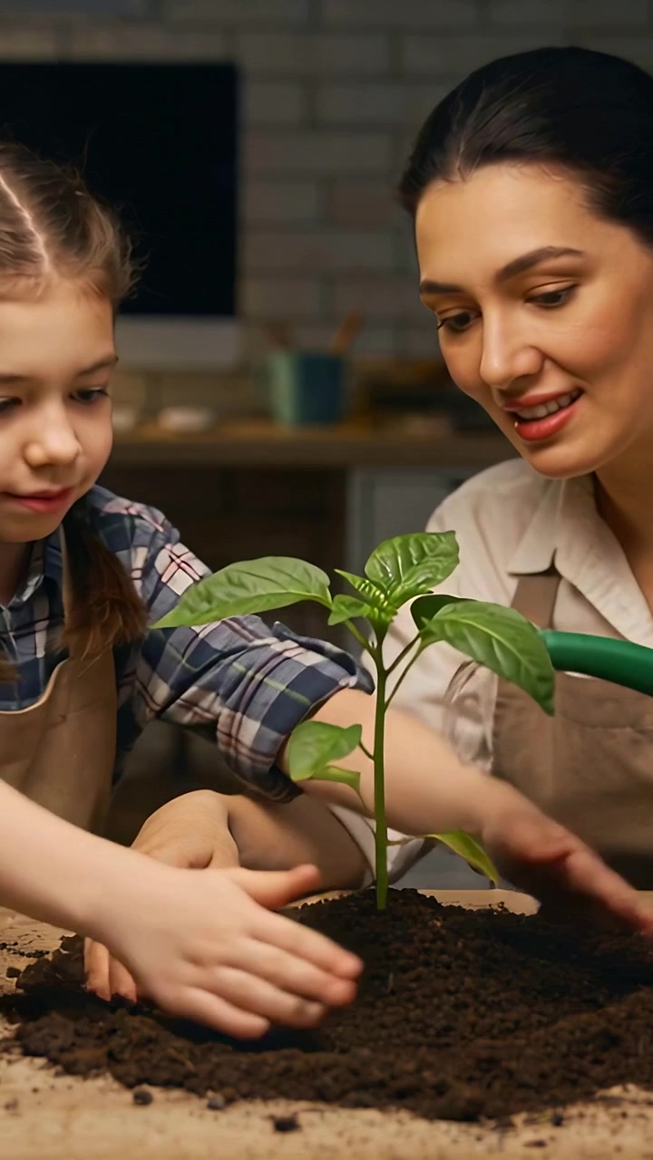 Vertical video: Placing seedling at table, woman, girl patting soil pouring green can in aprons
