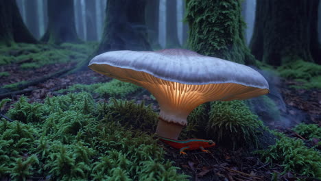 glowing mushroom and toad in a misty forest
