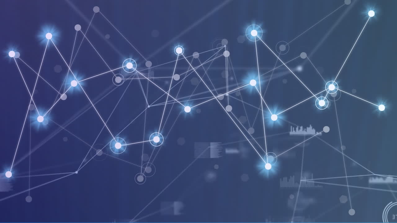 animación de una red brillante de conexiones y procesamiento de datos contra un fondo azul.