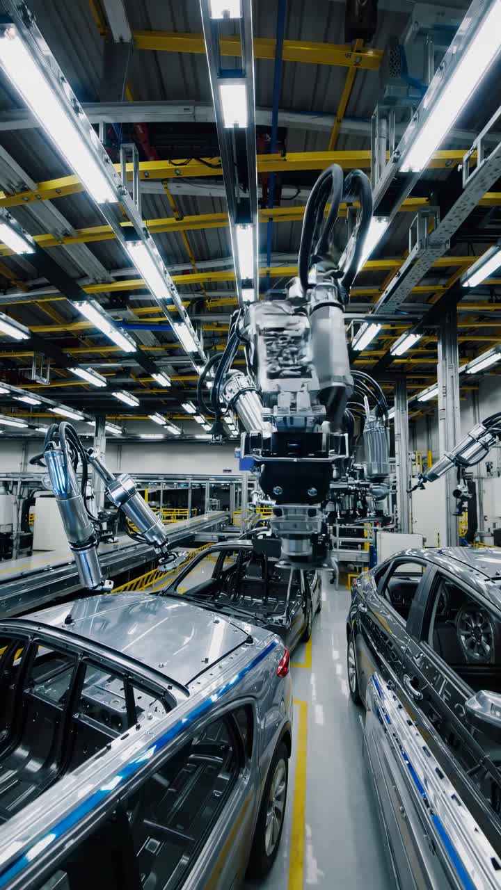 Wide-angle shot of a modern factory assembly line with robotic arms working on cars