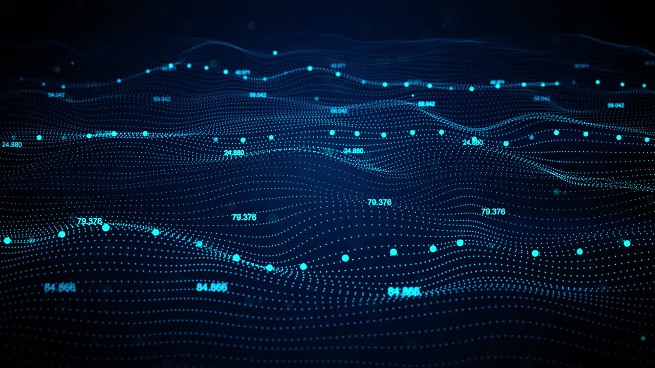 Abstract digital blue wave with flowing small particles dance motion on wave background cyber or