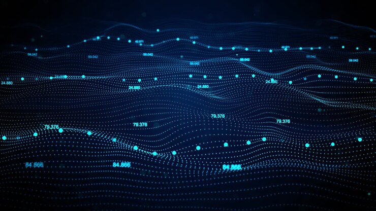 Abstract digital blue wave with flowing small particles dance motion on wave background cyber or