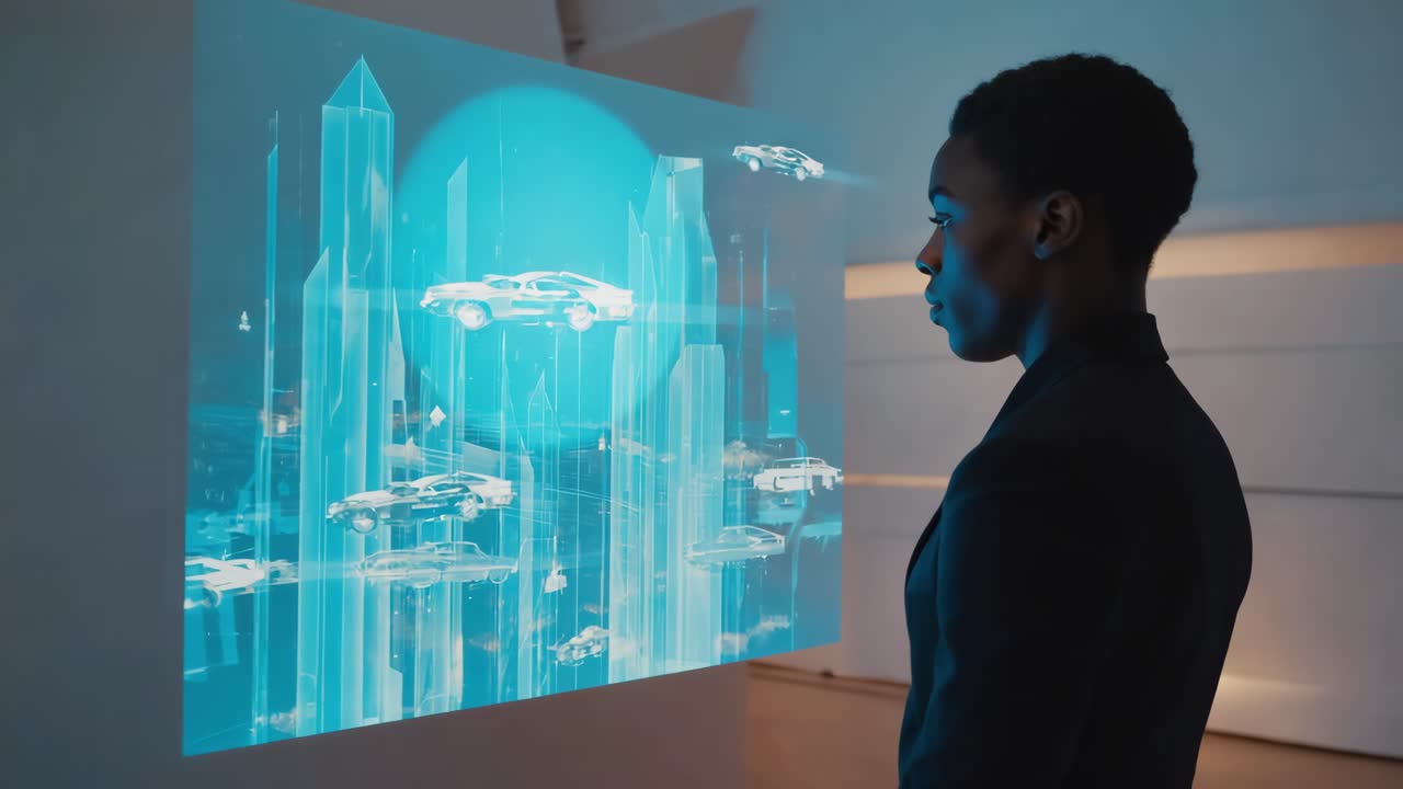 Woman viewing a futuristic car hologram