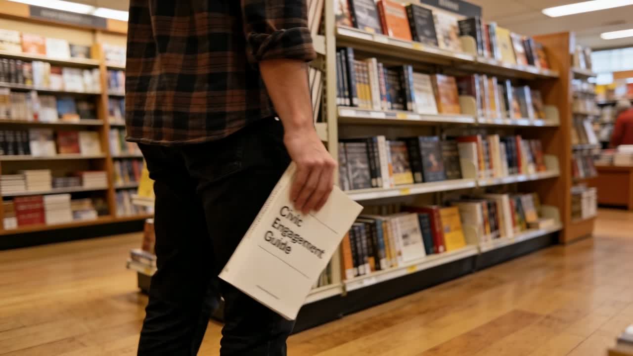 Gehender Mann trägt einen Taschenbuch-Leitfaden für bürgerschaftliches Engagement durch einen Buchhandlungsgang, kariertes Hemd, Freiraum für Text.
