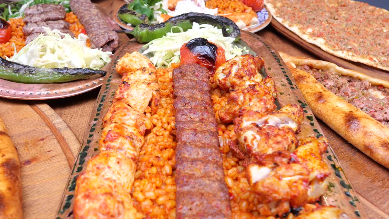 Turkish Cuisine Platter with Kebabs and Pide