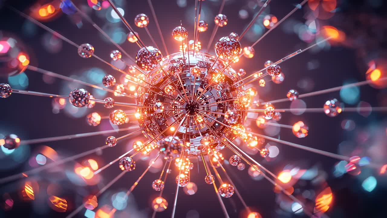 Emerging golden laser beam sweeping across rotating core rods in dark void, igniting glowing nodes