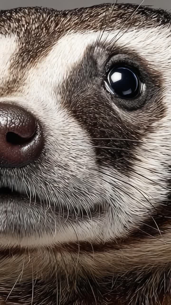 Uma exploração em close-up do rosto expressivo de um texugo, exibindo suas características intrincadas e personalidade única em detalhes impressionantes.