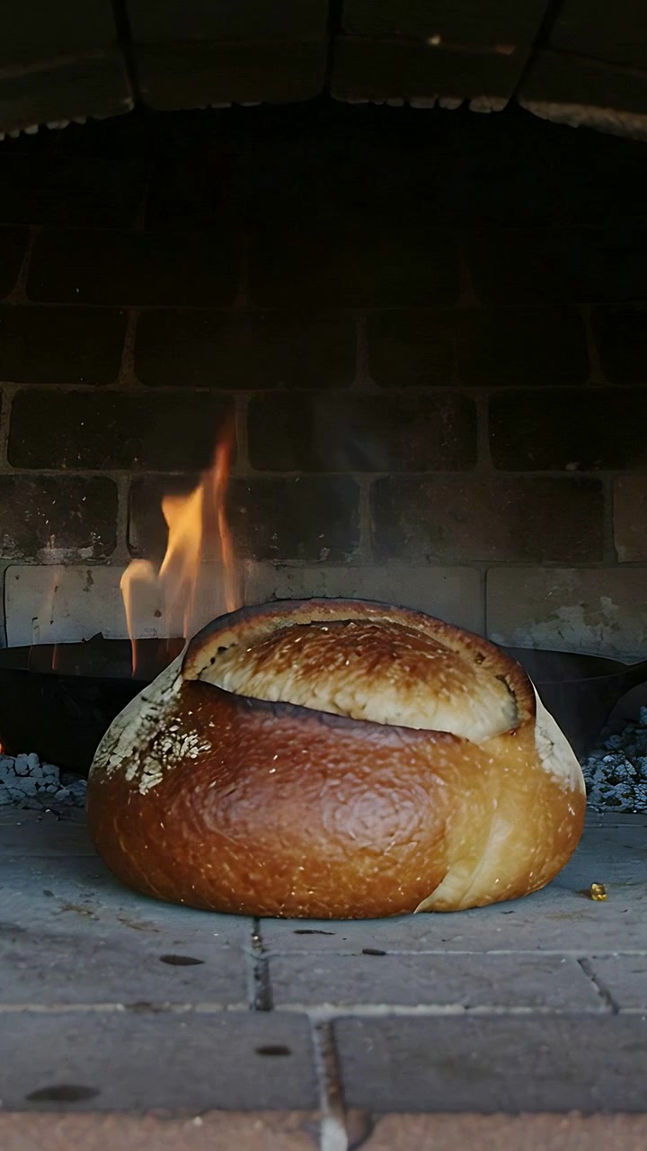 Vertical video: Browning round boule gaining crust with flame rising in brick hearth to bake