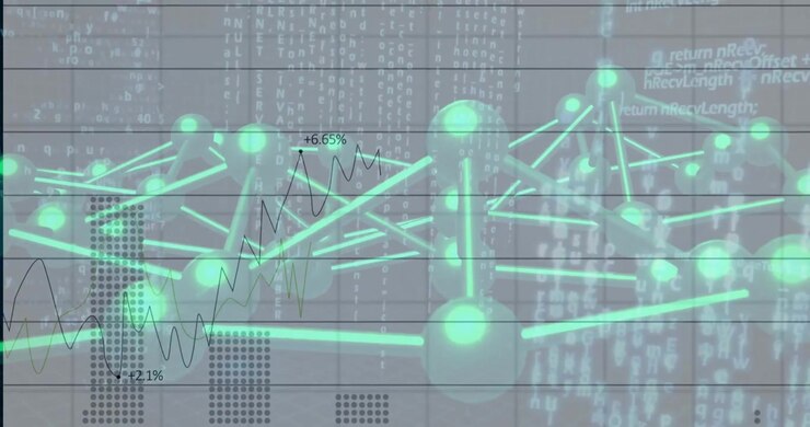 Vertical video: Rotating turquoise lattice pulsing as chart forming on grid reflecting data changes