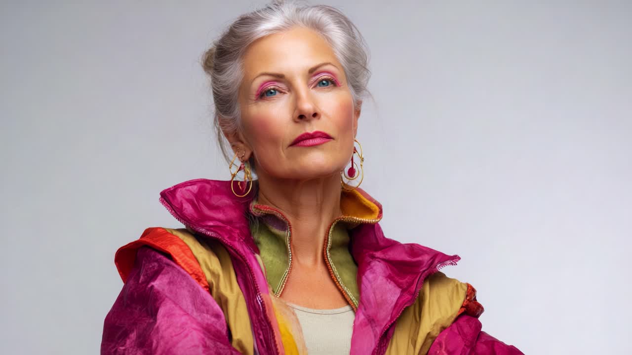 Una donna sicura di sé con grazia e raffinatezza, che mette in mostra scelte di moda audaci e un trucco radioso dai colori vivaci su uno sfondo neutro