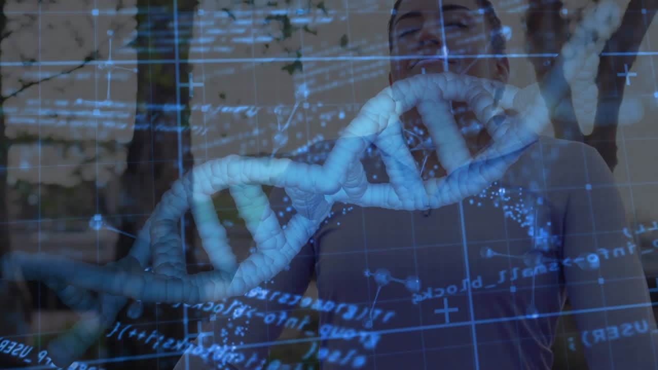 Woman raising arms in park while blue DNA helix shifting across chest, initiating health display