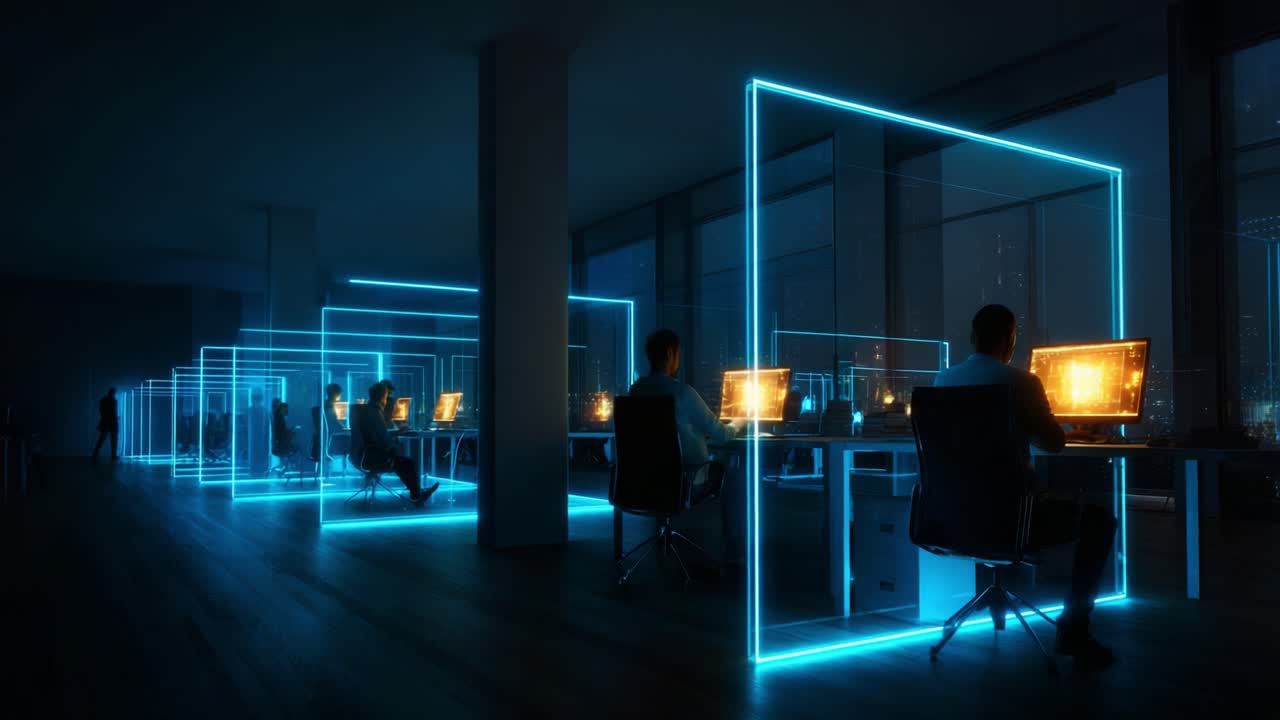 Futuristic Office Environment with Neon Lighting: Employees Working at Desks Surrounded by Luminous Partitions, Focused on Screens in a Dimly Lit Space