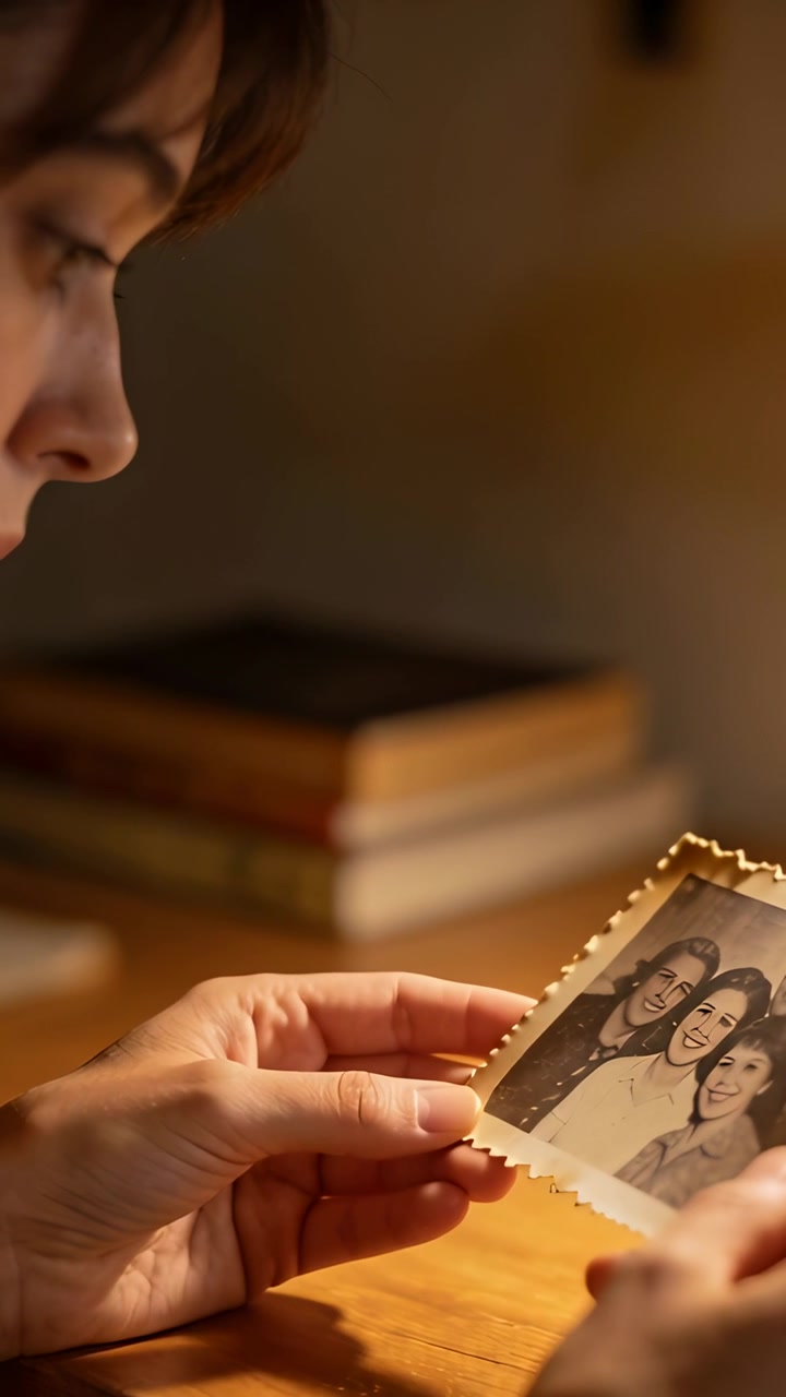 Video verticale: Donna china che osserva un ritratto smerlato a casa, con una lampada in primo piano e libri nelle vicinanze.