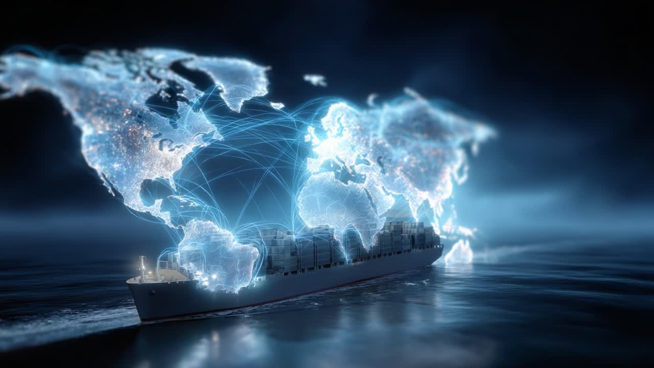 A Majestic Container Ship Navigates Through Ocean Waters, With Its Path Illuminated by a Digital Map Connecting Global Trade Networks and Communication Links