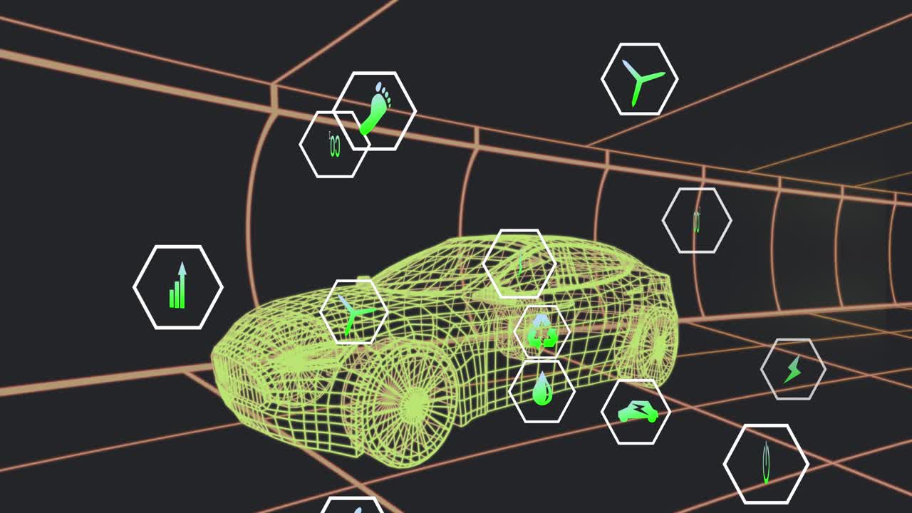 Animazione di più icone digitali su un modello di auto 3D che si muove in un tunnel con un motivo continuo